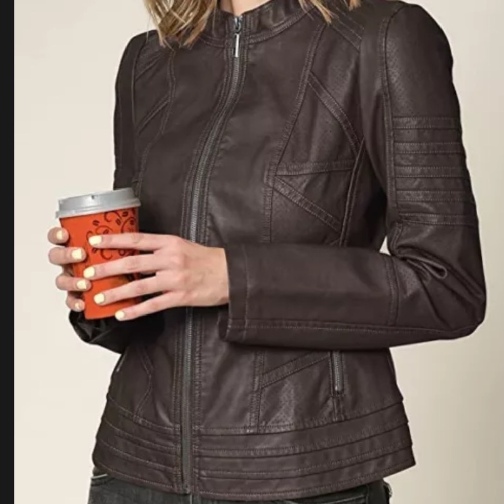 Made By Johnny Mbj Women Faux Leather Moto Biker Jacket With Stitching
